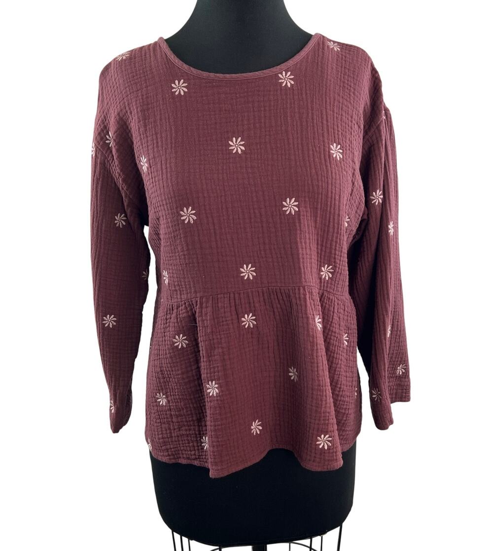 MADEWELL Mulberry Top Floral Crinkled Crew Neck Open Back Drop Shoulder M Medium